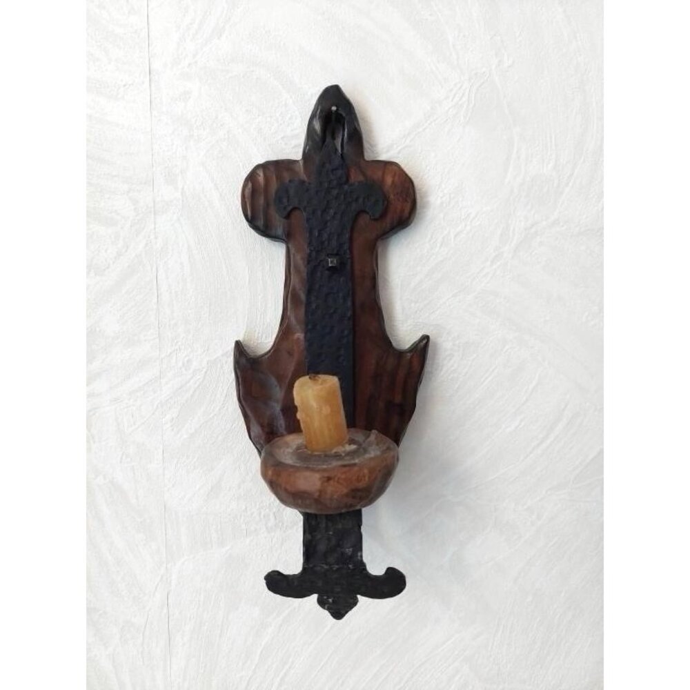 Vintage Spanish Gothic Medieval Style Iron And Wood Wall Sconce Candle Handmade